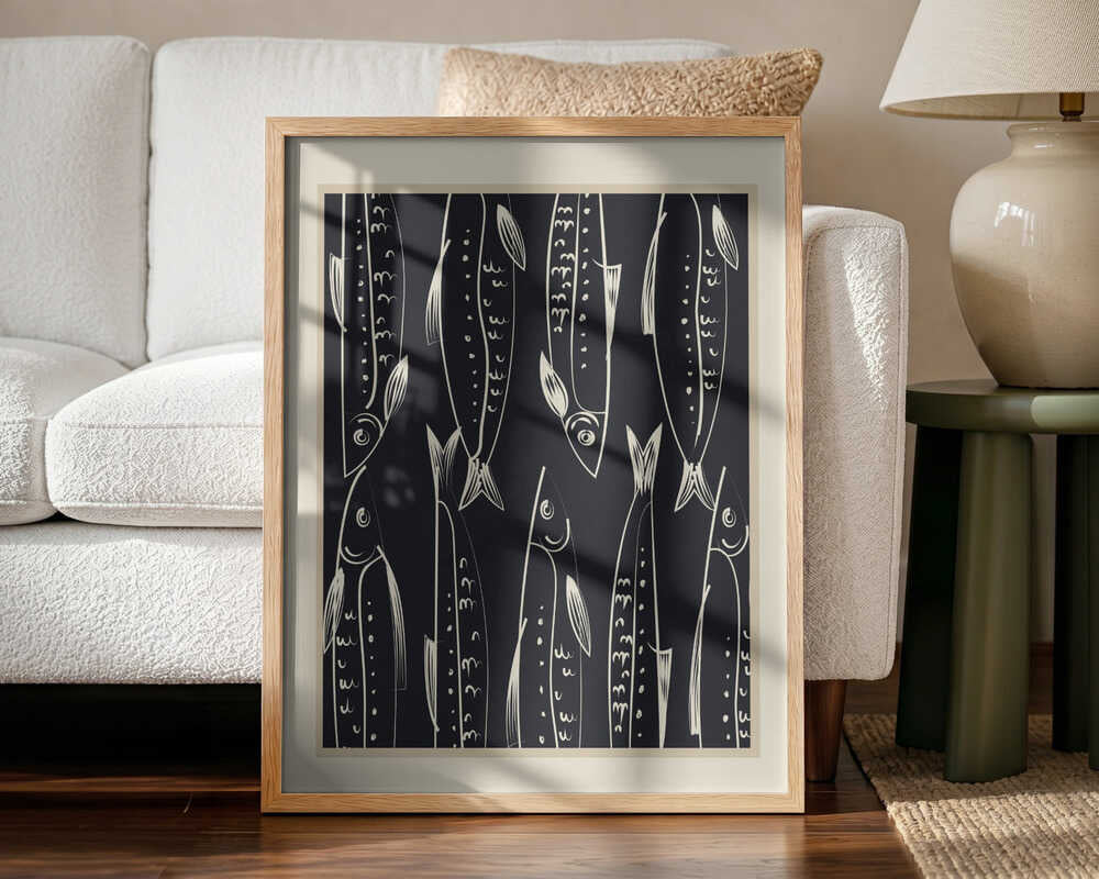 Graphic Sardine Pattern Art Print UK — Abstract Dark Wall Art — Kitchen — Wall It All Prints