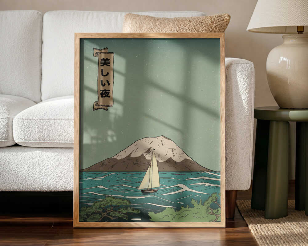 Beautiful Fuji Night Sail Art Print UK — Japanese Calm Wall Art — Living Room — Wall It All Prints