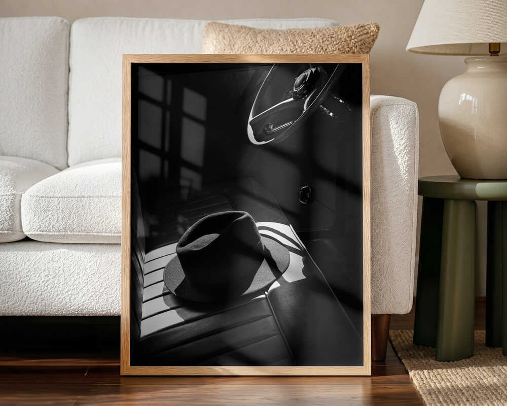 Fedora In Vintage Car Art Print UK — Dark Moody Dark Wall Art — Living Room — Wall It All Prints