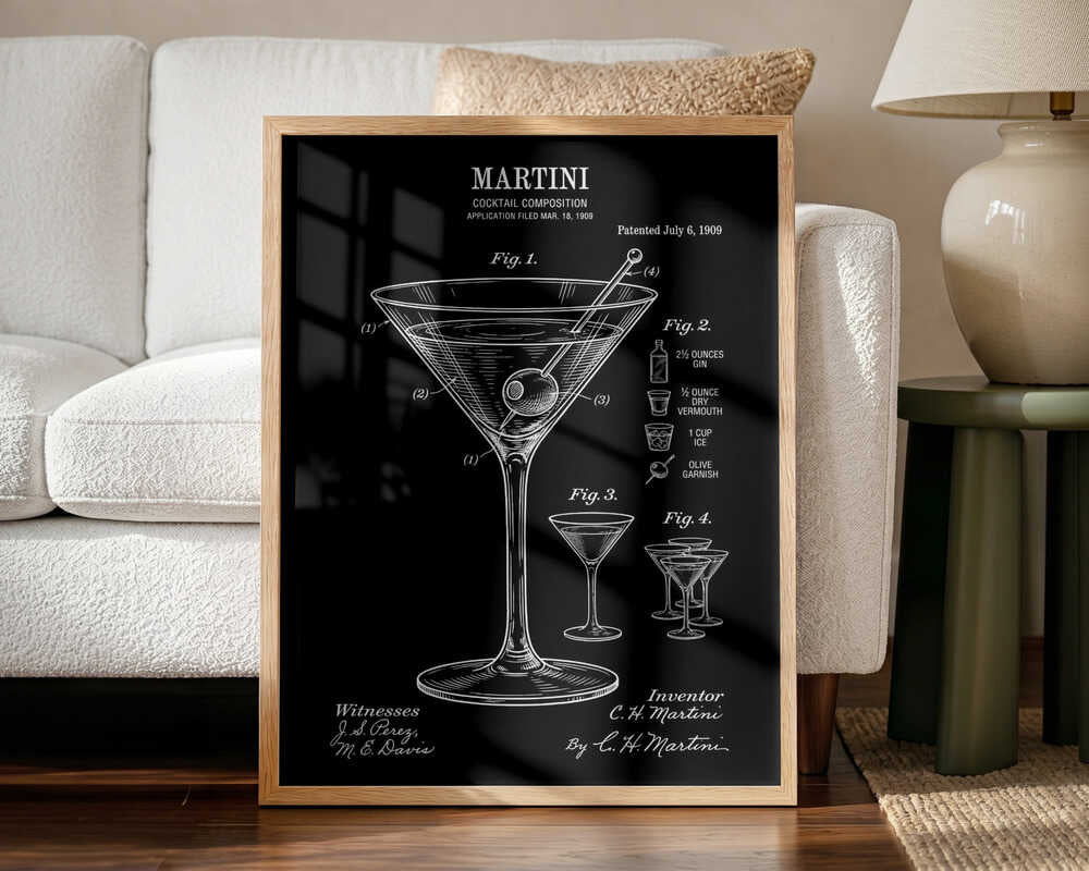Classic Martini Patent Drawing Art Print UK — Vintage Dark Wall Art — Kitchen — Wall It All Prints