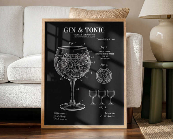 Gin Tonic Patent Blueprint Art Print UK — Vintage Vibrant Wall Art — Kitchen — Wall It All Prints