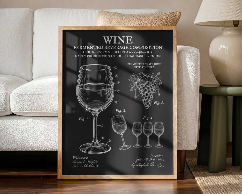 Vintage Wine Patent Drawing Art Print UK — Vintage Vibrant Wall Art — Kitchen — Wall It All Prints