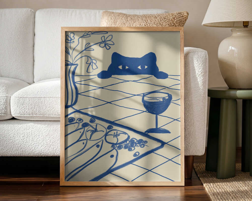 Curious Blue Cat Dinner Art Print UK — Botanical Vibrant Wall Art — Kitchen — Wall It All Prints