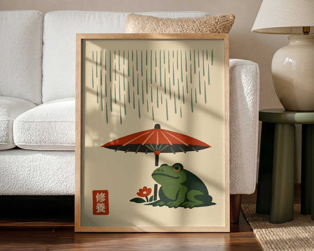 Rainy Day Frog Umbrella Art Print UK — Japanese Calm Wall Art — Bedroom — Wall It All Prints