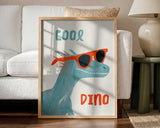Framed Cool Dino dinosaur print displayed in a playful kids bedroom.