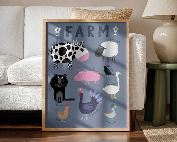 Framed Whimsical Farm Animals nursery print displayed in a rustic-style playroom.