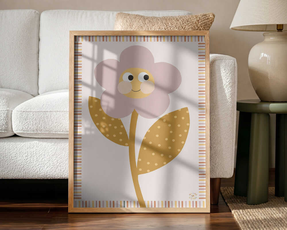Framed Cheerful Flower Friend floral nursery print displayed in a bright playroom.