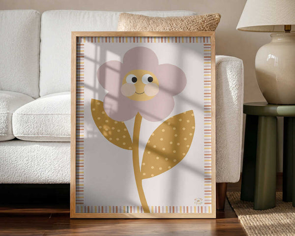 Framed Cheerful Flower Friend floral nursery print displayed in a bright playroom.