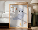 Framed Sweet Moon And Stars nursery print displayed above a cot in a calm baby room.