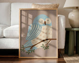 Framed Whimsical Blue Owl bird nursery print displayed in a woodland-themed nursery.