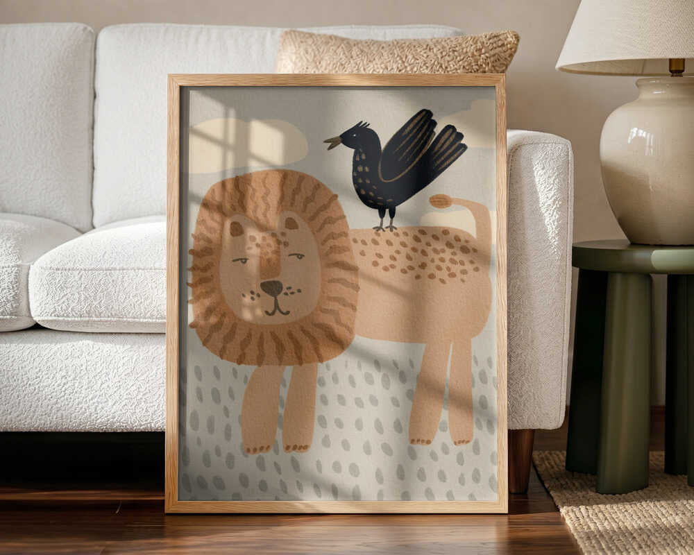 Framed Friendly Lion And Bird safari nursery print displayed in a calm baby room.
