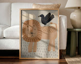 Framed Friendly Lion And Bird safari nursery print displayed in a calm baby room.