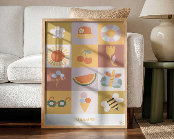 Framed Happy Summer Elements nursery print displayed in a bright, colourful playroom.