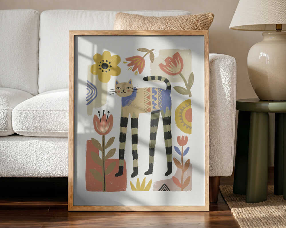 Framed Whimsical Folk Cat animal nursery print displayed in a bohemian nursery.