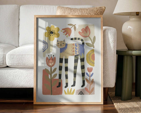 Framed Whimsical Folk Cat animal nursery print displayed in a bohemian nursery.