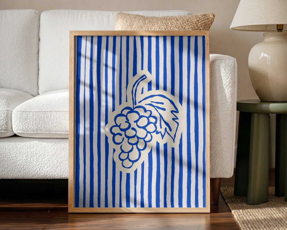 Blue Striped Grapes Art Print UK — Botanical Minimal Wall Art — Kitchen — Wall It All Prints