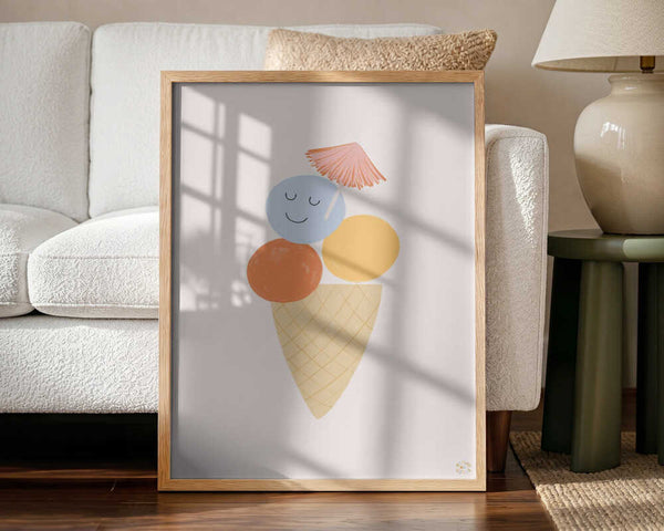 Framed Happy Ice Cream Treat kids wall art print displayed in a playroom.