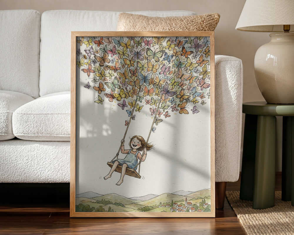 Framed Joyful Butterfly Swing kids wall art print displayed in a playroom setting.
