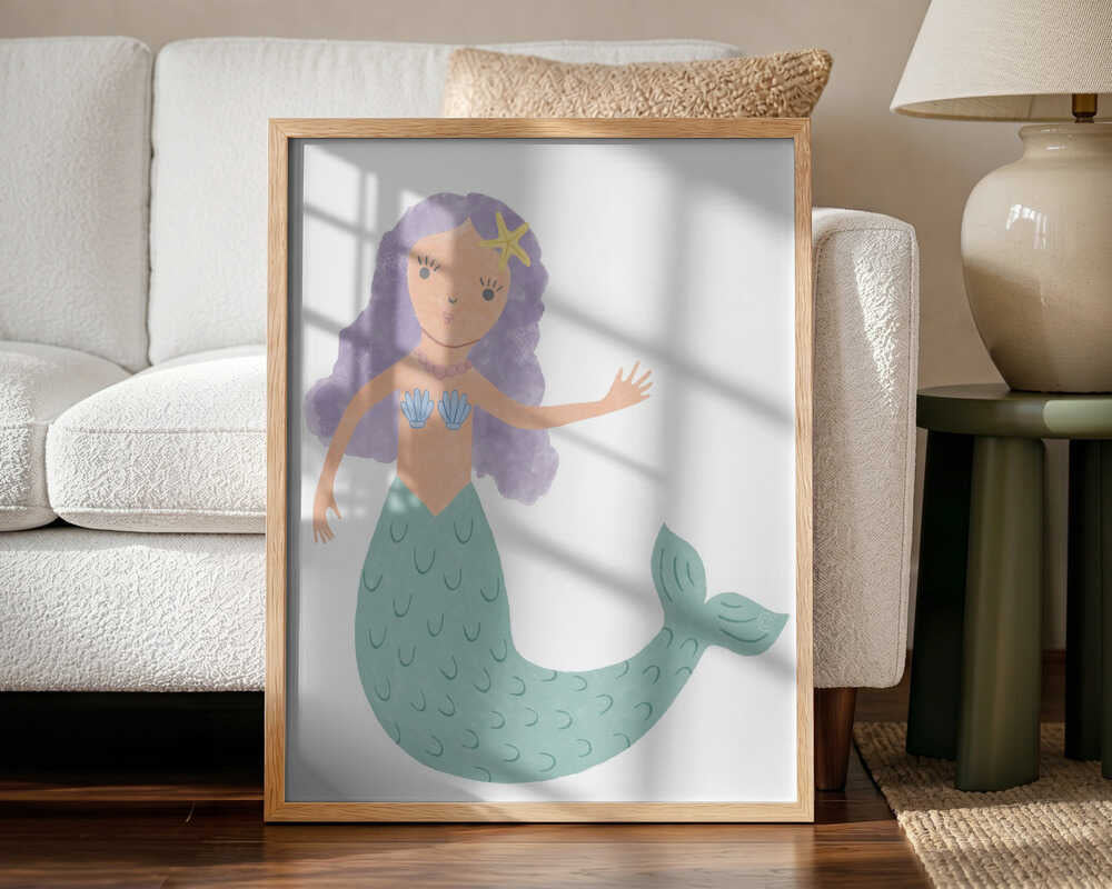 Framed Sweet Little Mermaid ocean nursery print displayed in a pastel baby room.