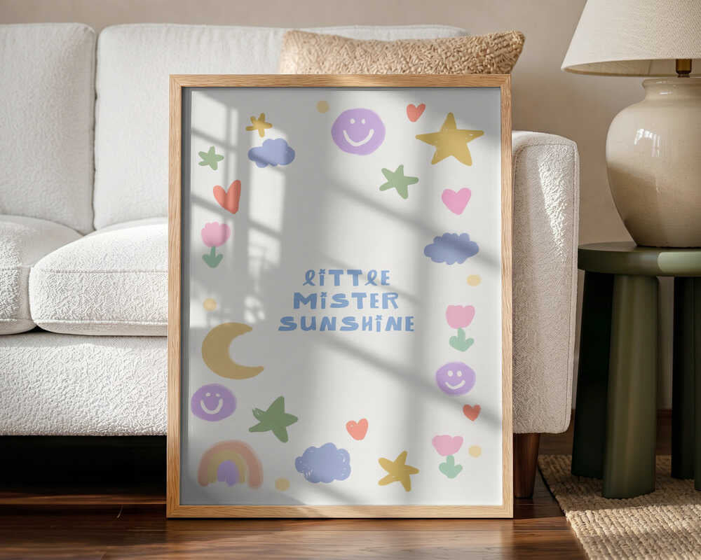 Framed Little Mister Sunshine nursery print displayed above a changing table.