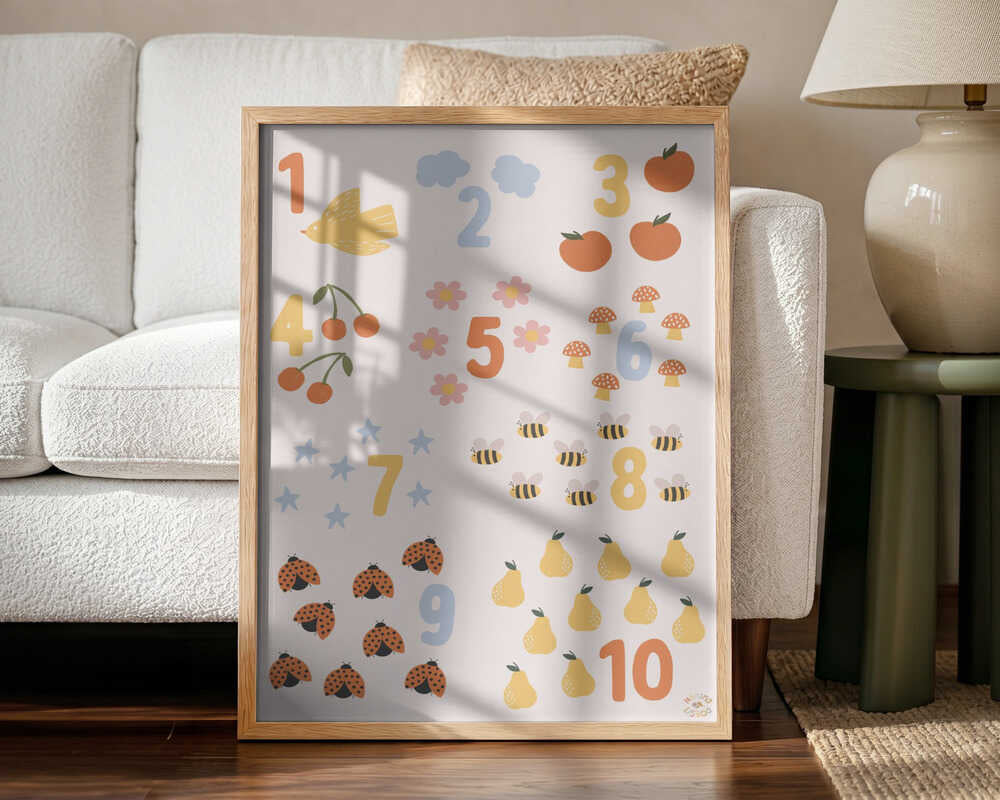 Framed Whimsical Counting Chart educational nursery print displayed in a playroom setting.