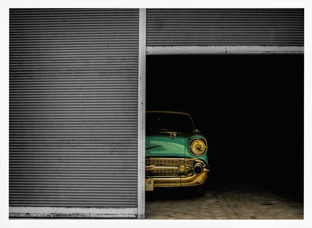 Teal Classic Car Peeks Art Print UK — Dark Moody Dark Wall Art — Living Room — Wall It All Prints