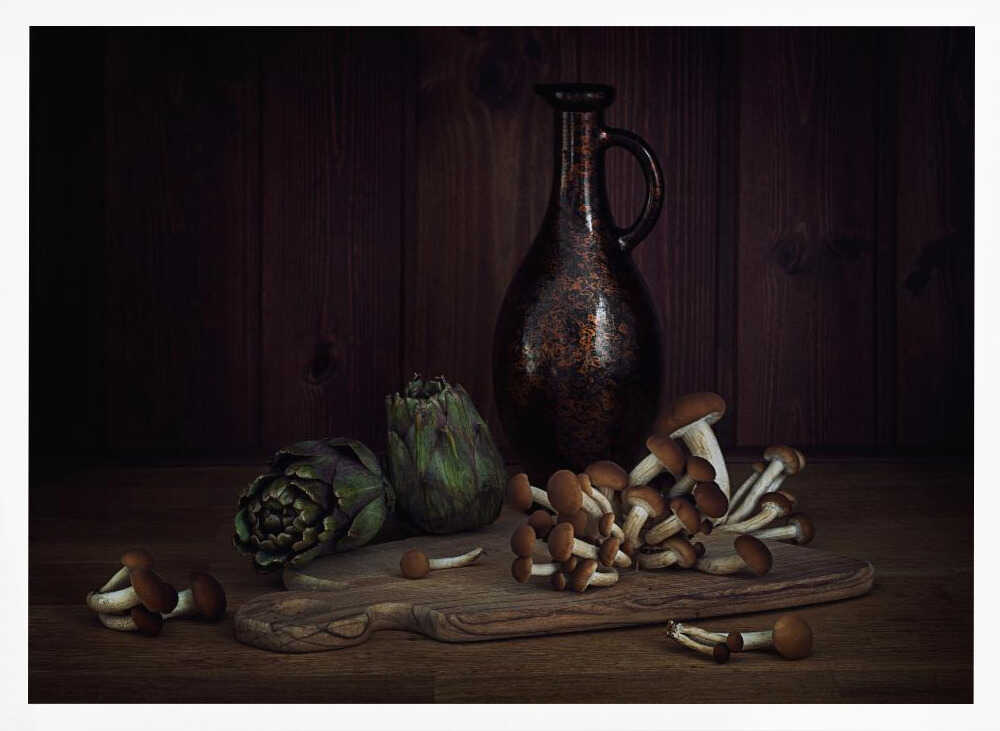 Artichokes And Mushrooms Still Life Art Print UK — Dark Moody Dark Wall Art — Kitchen — Wall It All Prints