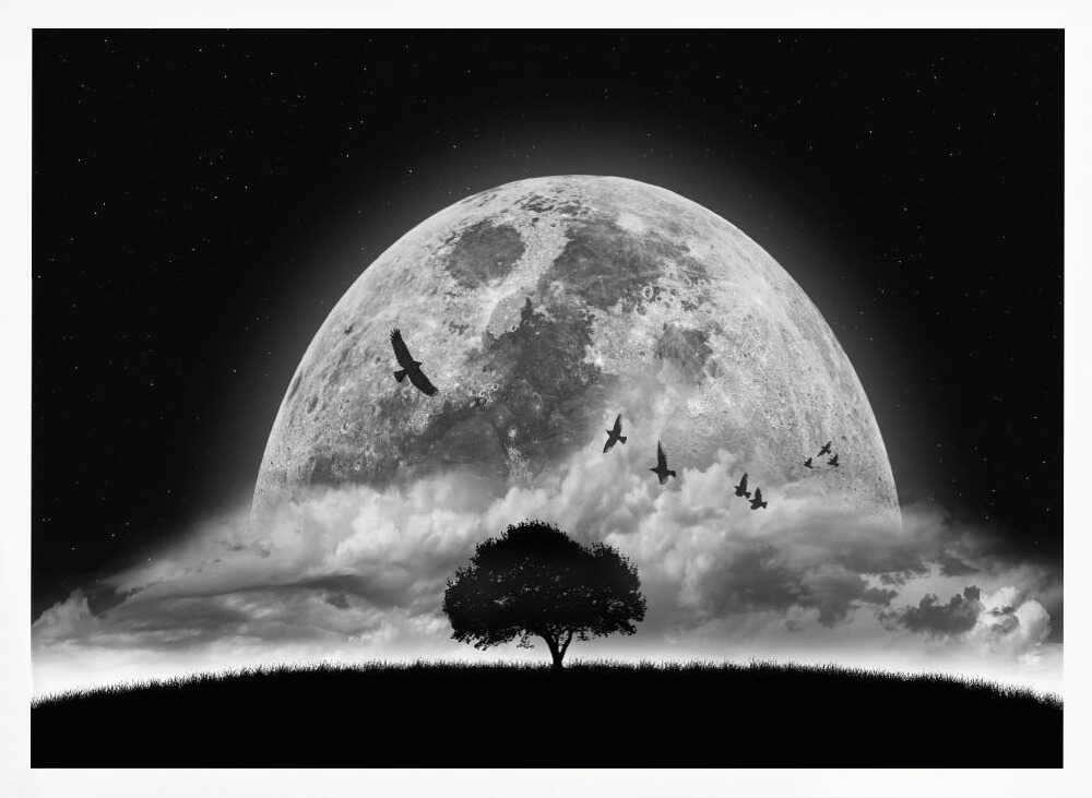 Lone Tree Under Moon Art Print UK — Dark Moody Calm Wall Art — Living Room — Wall It All Prints