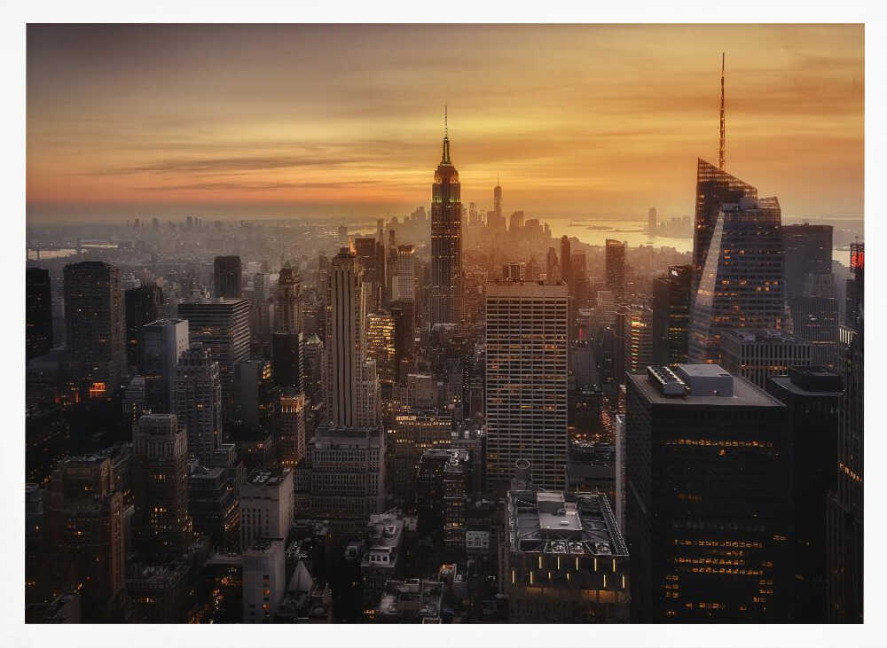 Golden Manhattan Skyline Art Print UK — Dark Moody Minimal Wall Art — Living Room — Wall It All Prints