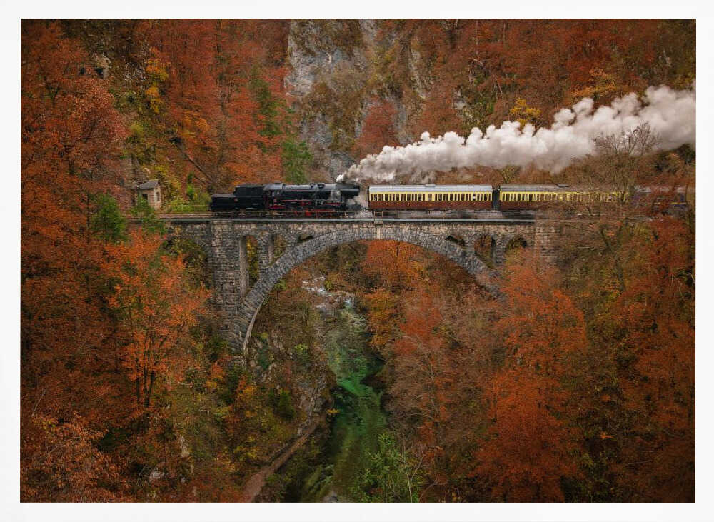 Autumn Steam Train Bridge Art Print UK — Landscape Vibrant Wall Art — Living Room — Wall It All Prints