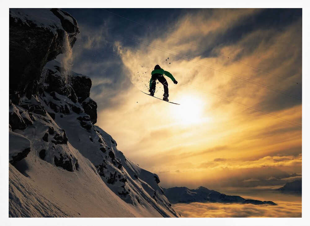 Snowboarder Sunset Jump Art Print UK — Dark Moody Warm Wall Art — Living Room — Wall It All Prints