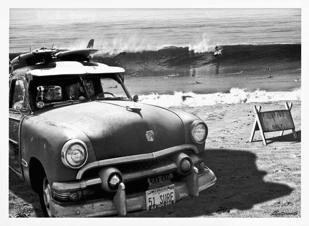 Vintage Car Surf Beach Art Print UK — Landscape Dark Wall Art — Living Room — Wall It All Prints