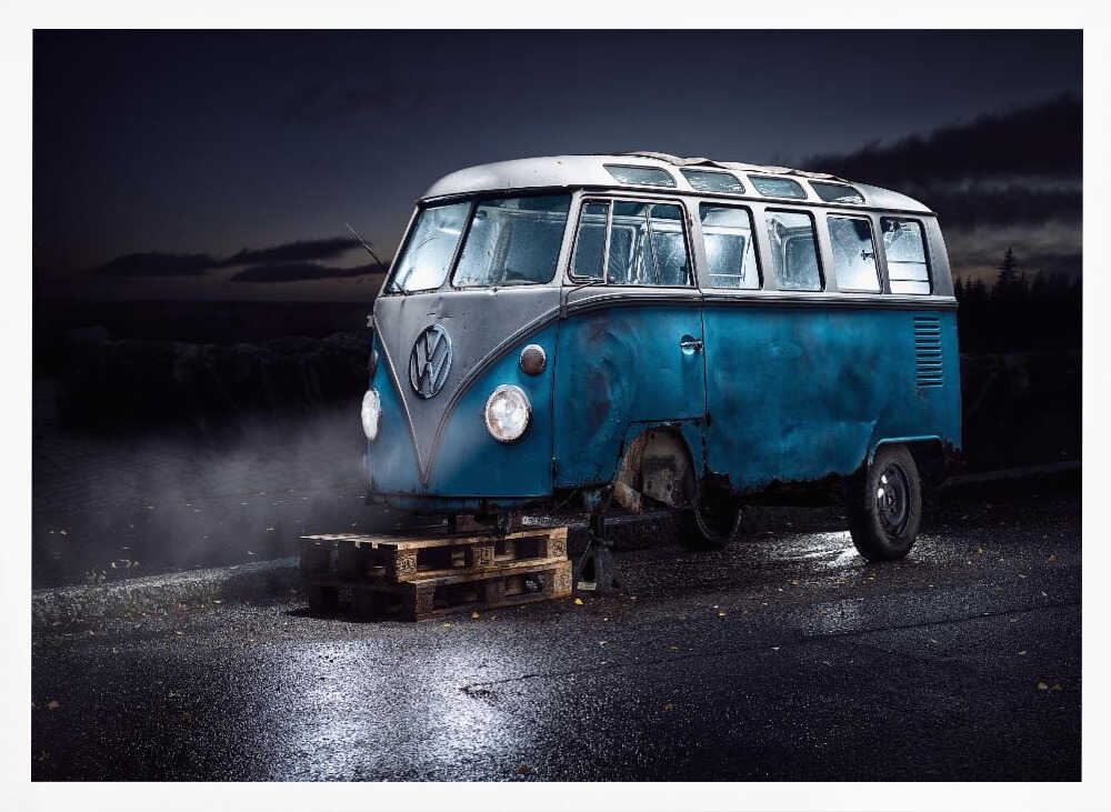 Vintage Blue Van Night Art Print UK — Dark Moody Dark Wall Art — Living Room — Wall It All Prints
