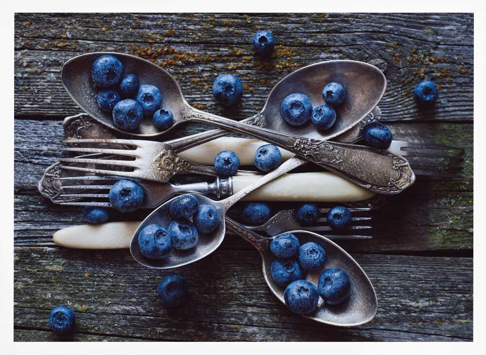Blueberries and Vintage Silver Art Print UK — Dark Moody Dark Wall Art — Kitchen — Wall It All Prints