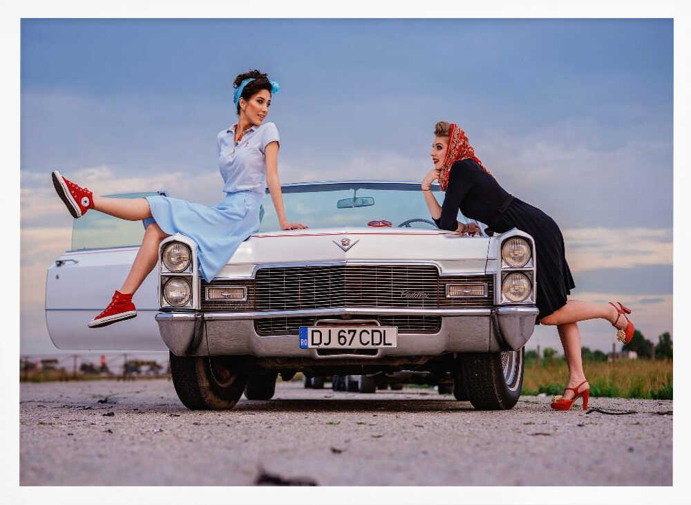 Pinup Girls Classic Car Art Print UK — Vintage Elegant Wall Art — Living Room — Wall It All Prints