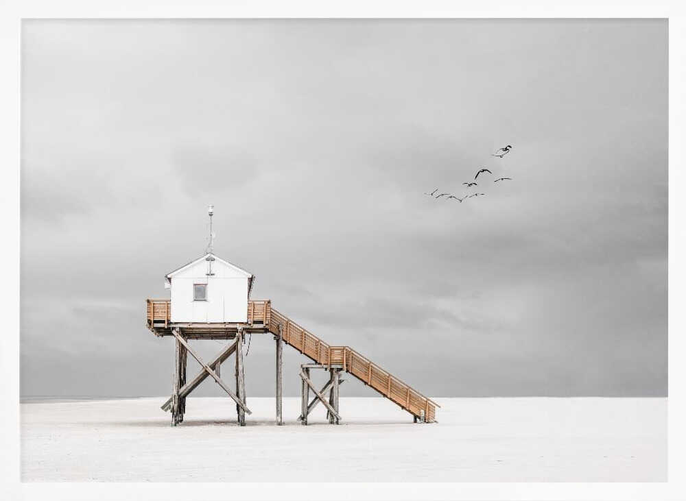Serene Coastal Stilt House Art Print UK — Abstract Calm Wall Art — Bedroom — Wall It All Prints