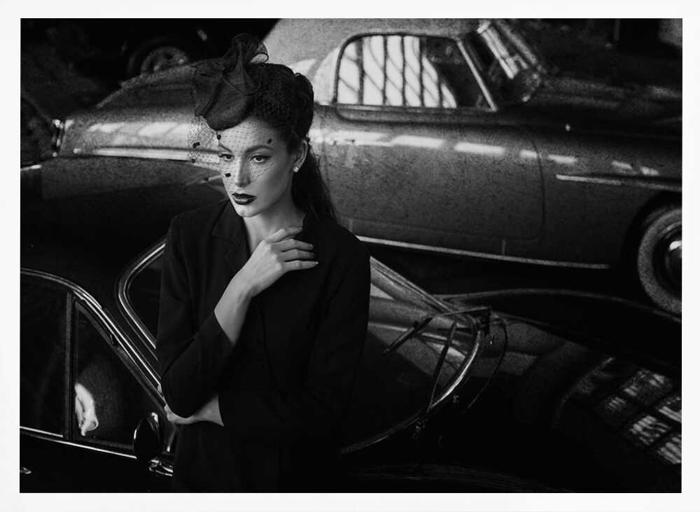 Elegant Woman Classic Car Art Print UK — Dark Moody Calm Wall Art — Living Room — Wall It All Prints