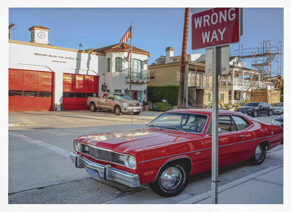 Vintage Red Car Firehouse Art Print UK — Vintage Vibrant Wall Art — Living Room — Wall It All Prints