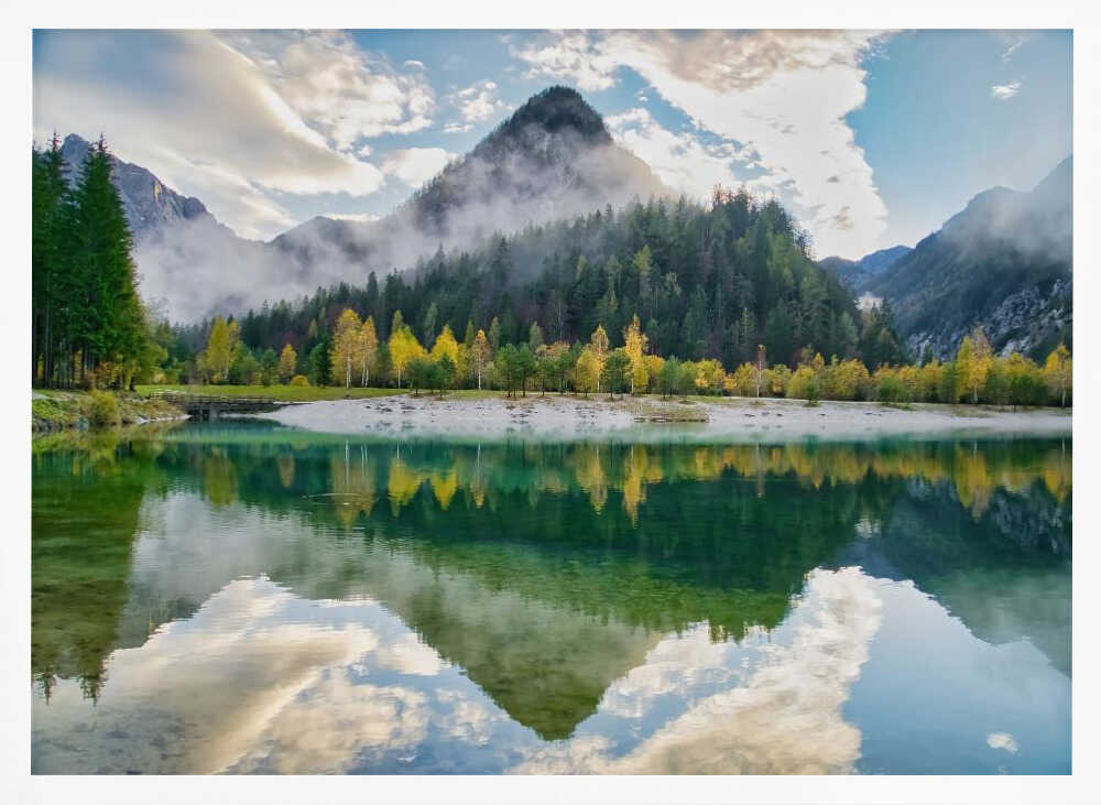 Misty Mountain Lake Reflection Art Print UK — Dark Moody Vibrant Wall Art — Bedroom — Wall It All Prints