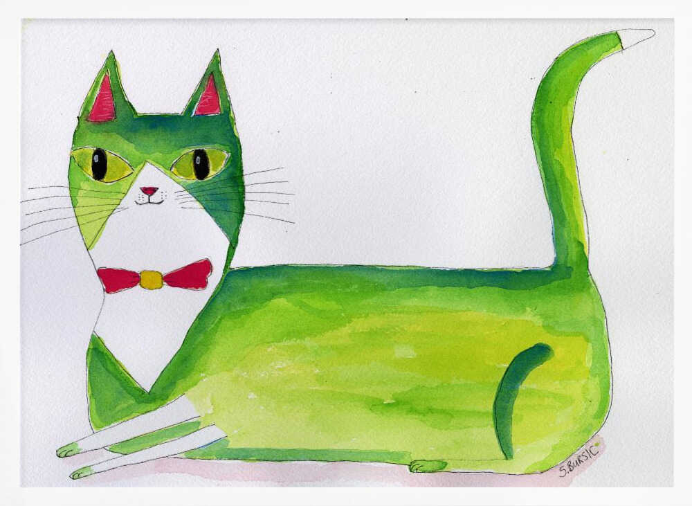 Green Bow Tie Cat Art Print UK — Animal Vibrant Wall Art — Living Room — Wall It All Prints