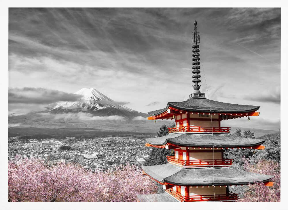 Cherry Blossoms Mount Fuji Pagoda Art Print UK — Japanese Vibrant Wall Art — Living Room — Wall It All Prints