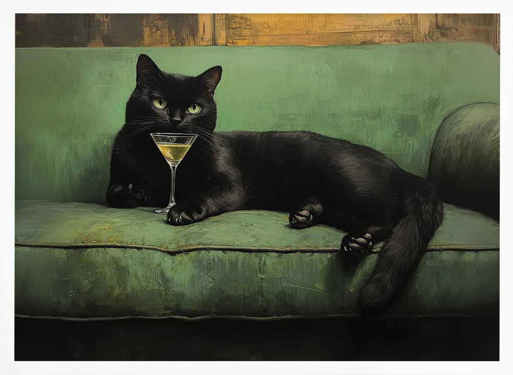 Resting Cat Green Sofa Martini 001 Art Print UK — Animal Dark Wall Art — Living Room — Wall It All Prints