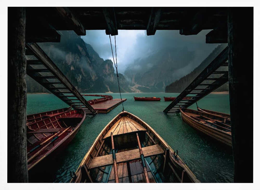 Misty Mountain Lake Boats Art Print UK — Dark Moody Calm Wall Art — Bedroom — Wall It All Prints