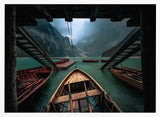 Misty Mountain Lake Boats Art Print UK — Dark Moody Calm Wall Art — Bedroom — Wall It All Prints