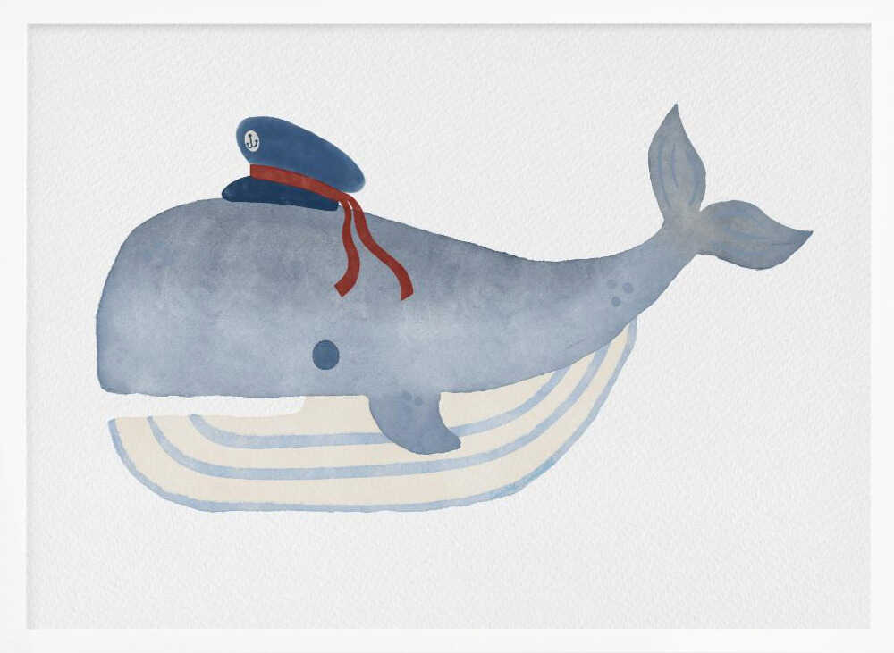 Framed Little Captain Whale ocean nursery print displayed in a nautical baby room.