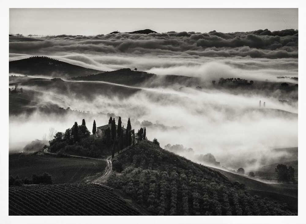 Misty Tuscan Morning Art Print UK — Dark Moody Calm Wall Art — Living Room — Wall It All Prints
