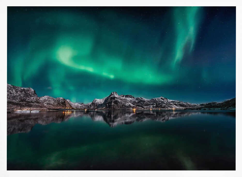 Emerald Aurora Mountain Reflection Art Print UK — Dark Moody Calm Wall Art — Bedroom — Wall It All Prints