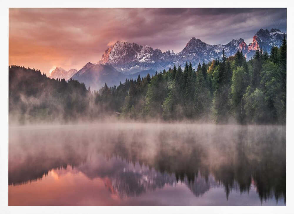 Misty Mountain Lake Reflection Art Print UK — Dark Moody Vibrant Wall Art — Bedroom — Wall It All Prints