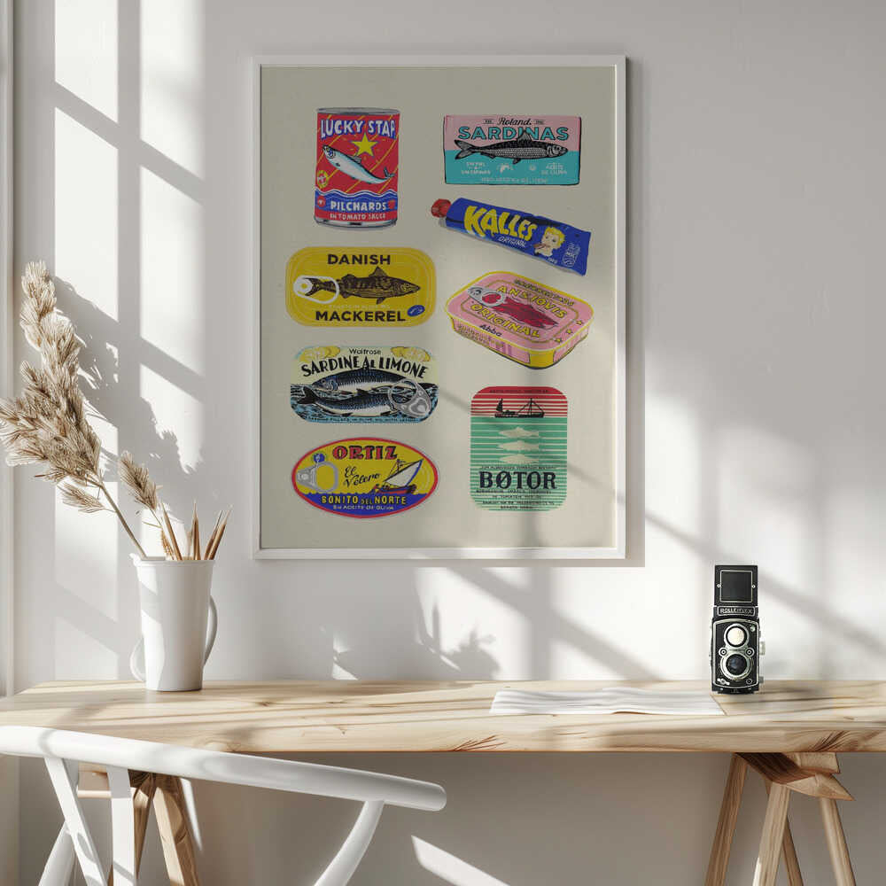Vintage Seafood Cans Art Print UK — Abstract Vibrant Wall Art — Kitchen — Wall It All Prints