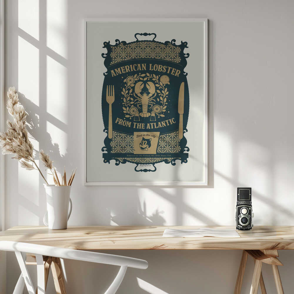 Ornate American Lobster Sign Art Print UK — Vintage Vibrant Wall Art — Kitchen — Wall It All Prints